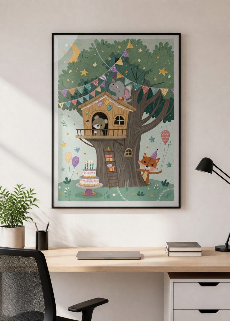 Treehouse Birthday Party Animals Nursery Wall Art Print - Whimsical Children's Illustration Poster