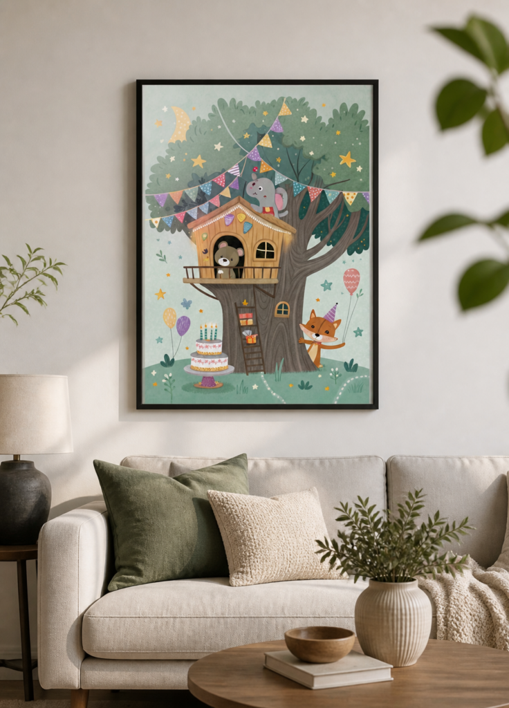 Treehouse Birthday Party Animals Nursery Wall Art Print - Whimsical Children's Illustration Poster