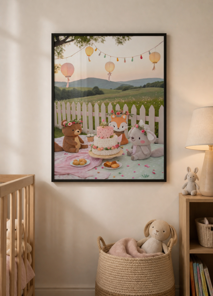 Woodland Animals Garden Party Nursery Wall Art Print - Whimsical Kids Room Decor