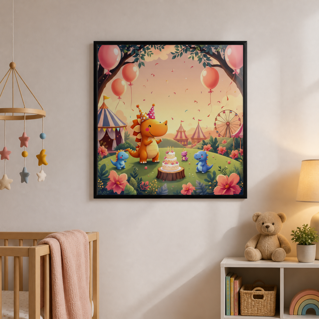 Cute Dinosaur Birthday Party Wall Art Print - Kids Room Nursery Decor Poster