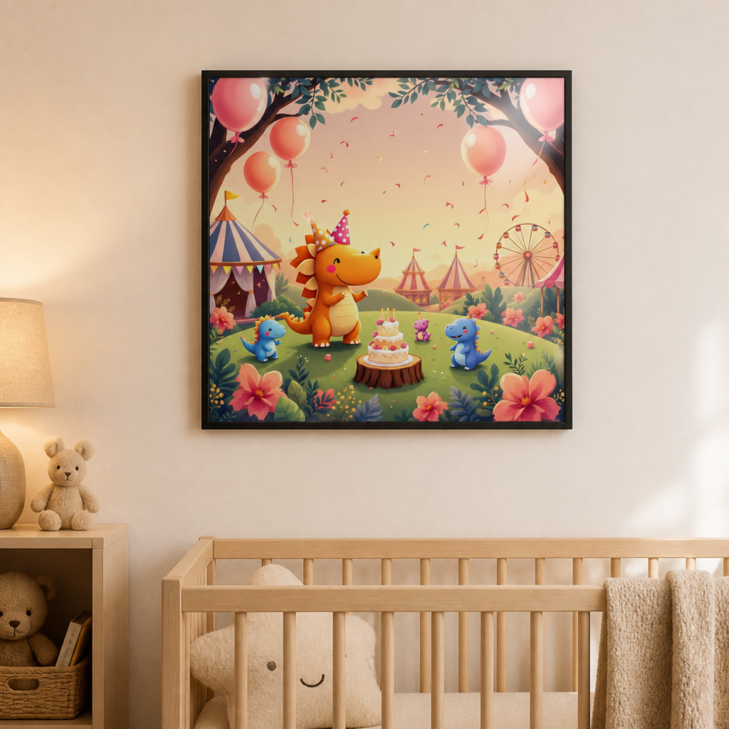 Cute Dinosaur Birthday Party Wall Art Print - Kids Room Nursery Decor Poster