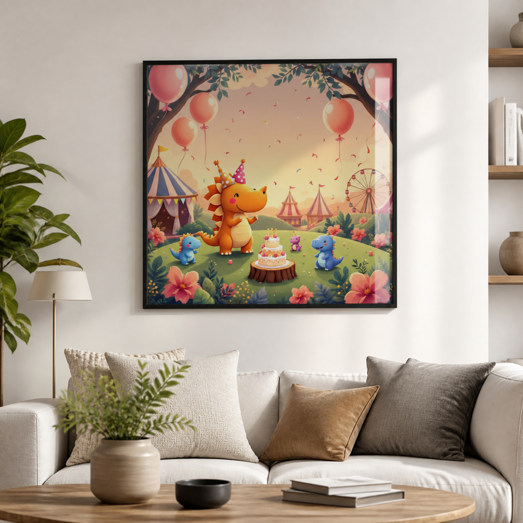 Cute Dinosaur Birthday Party Wall Art Print - Kids Room Nursery Decor Poster