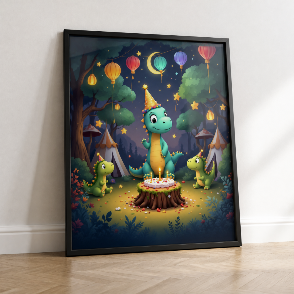 Cute Dinosaur Birthday Party Wall Art Print - Kids Nursery Decor Poster