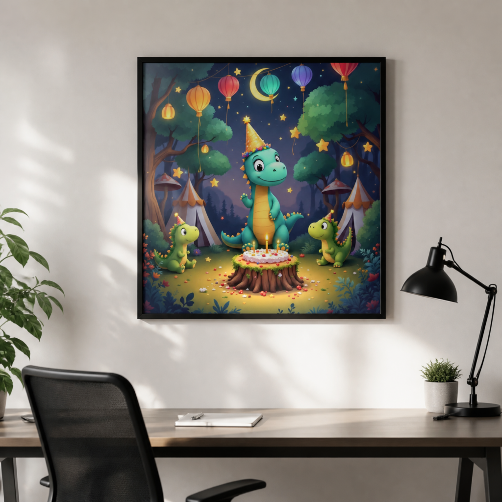 Cute Dinosaur Birthday Party Wall Art Print - Kids Nursery Decor Poster