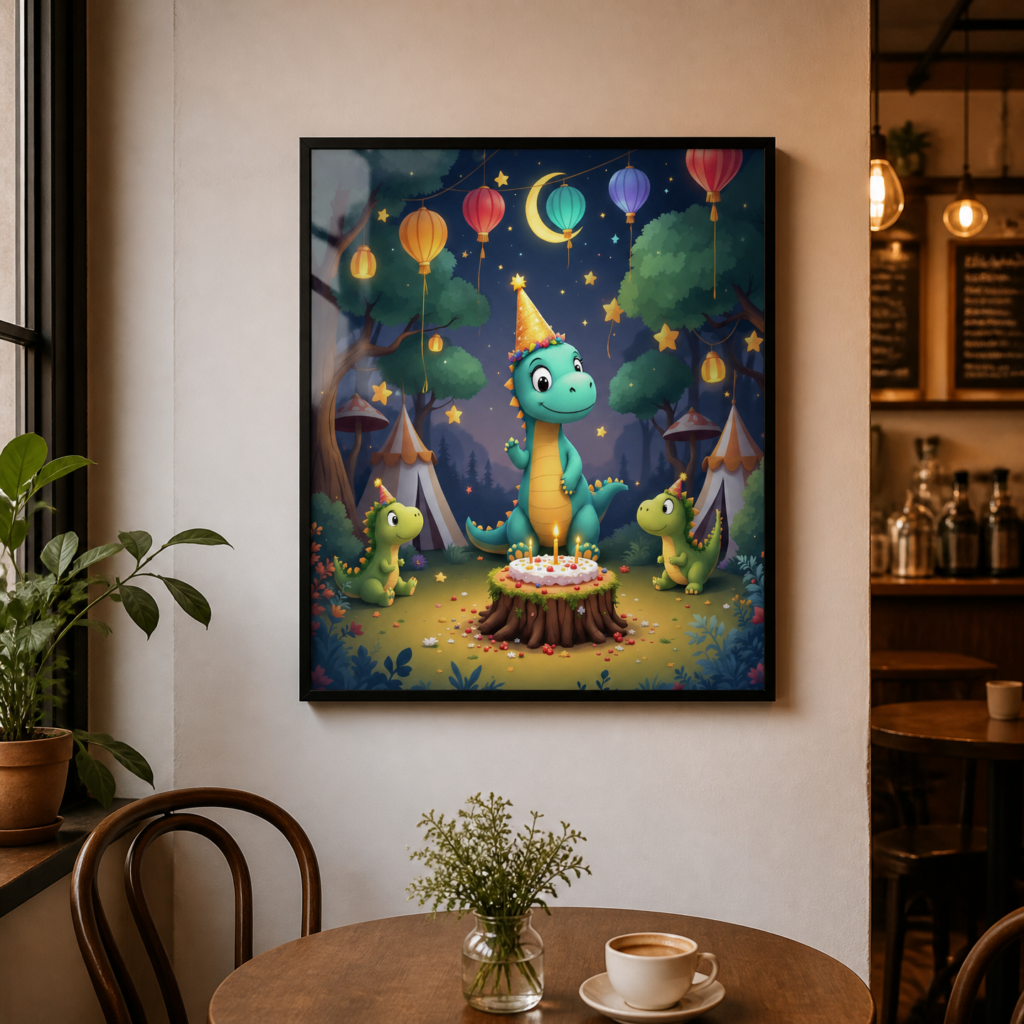 Cute Dinosaur Birthday Party Wall Art Print - Kids Nursery Decor Poster
