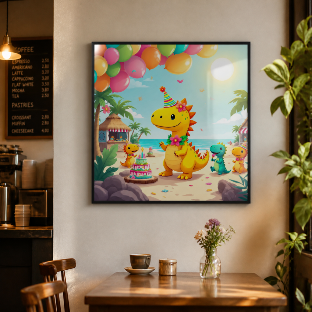 Cute Dinosaur Beach Birthday Party Wall Art Print - Colorful Kids Room Decor Poster