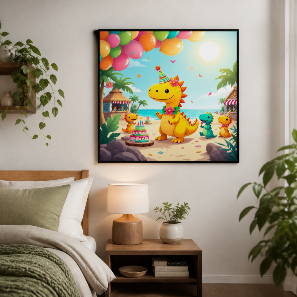 Cute Dinosaur Beach Birthday Party Wall Art Print - Colorful Kids Room Decor Poster