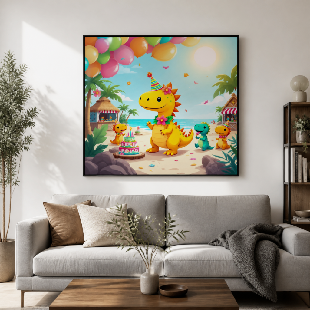 Cute Dinosaur Beach Birthday Party Wall Art Print - Colorful Kids Room Decor Poster