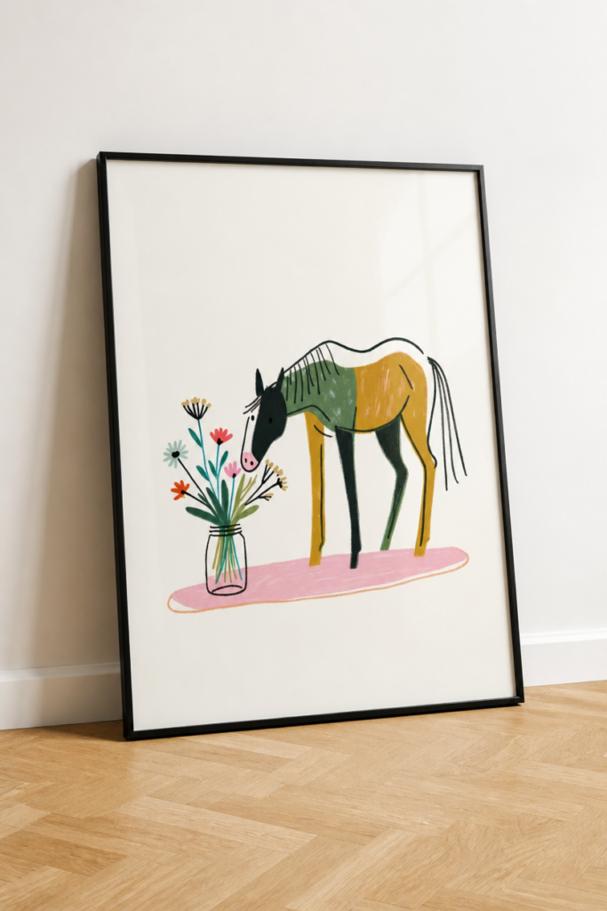 Horse and Wildflowers Illustration Wall Art Print - Modern Folk Art Nursery Poster