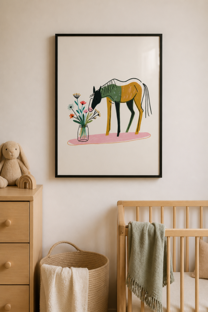 Horse and Wildflowers Illustration Wall Art Print - Modern Folk Art Nursery Poster