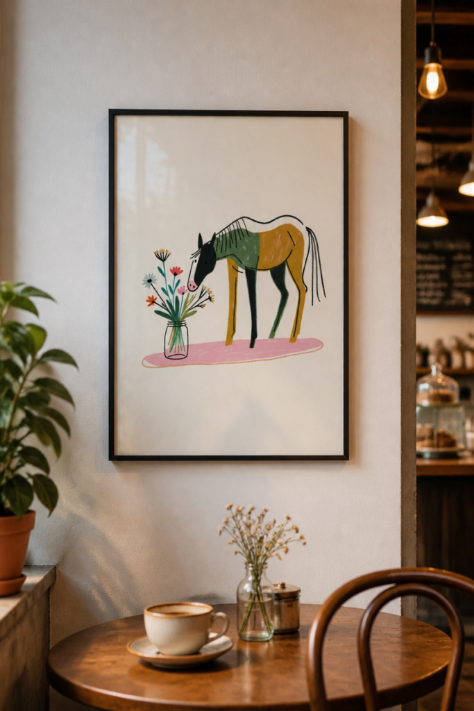 Horse and Wildflowers Illustration Wall Art Print - Modern Folk Art Nursery Poster