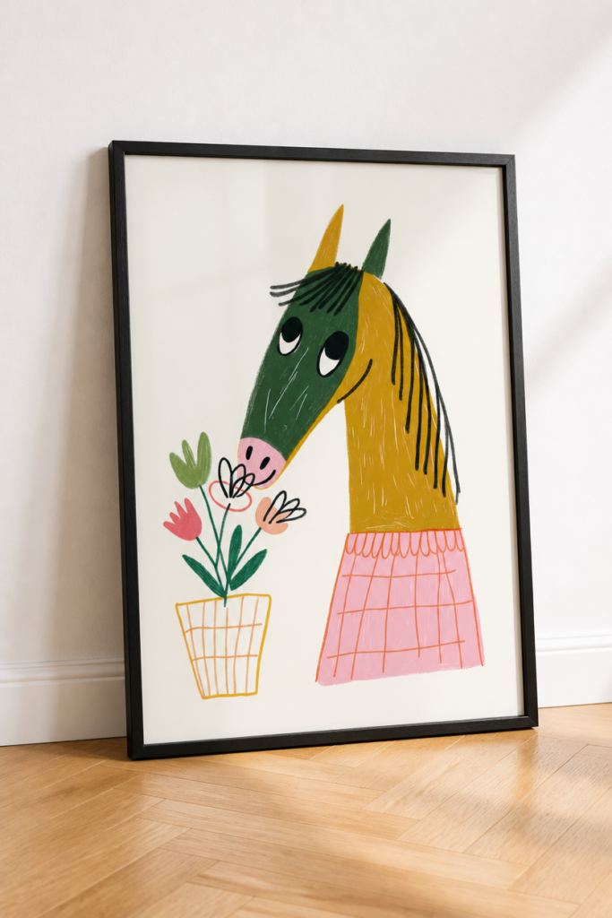 Whimsical Horse Smelling Flowers Wall Art Print - Cute Animal Nursery Poster