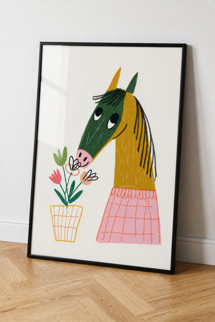 Whimsical Horse Smelling Flowers Wall Art Print - Cute Animal Nursery Poster