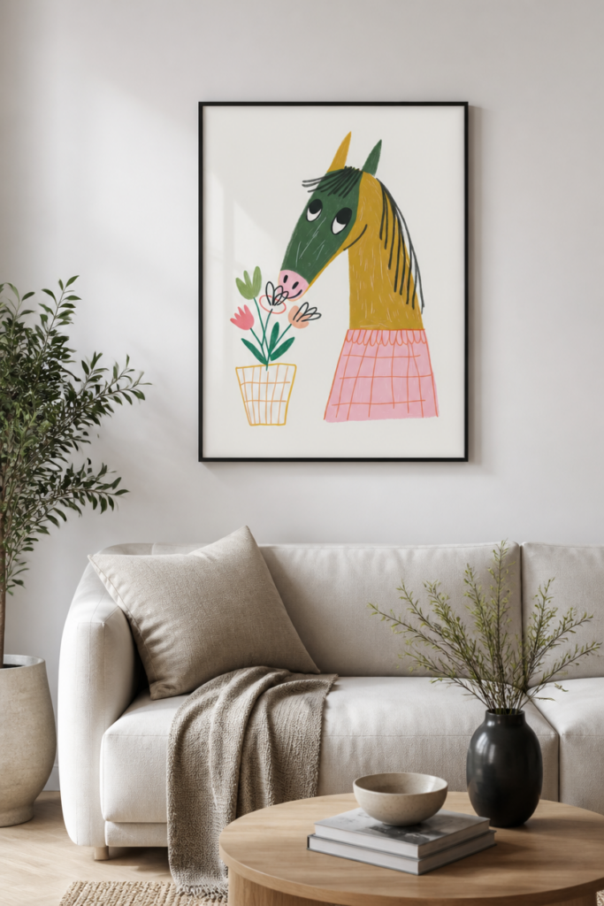 Whimsical Horse Smelling Flowers Wall Art Print - Cute Animal Nursery Poster