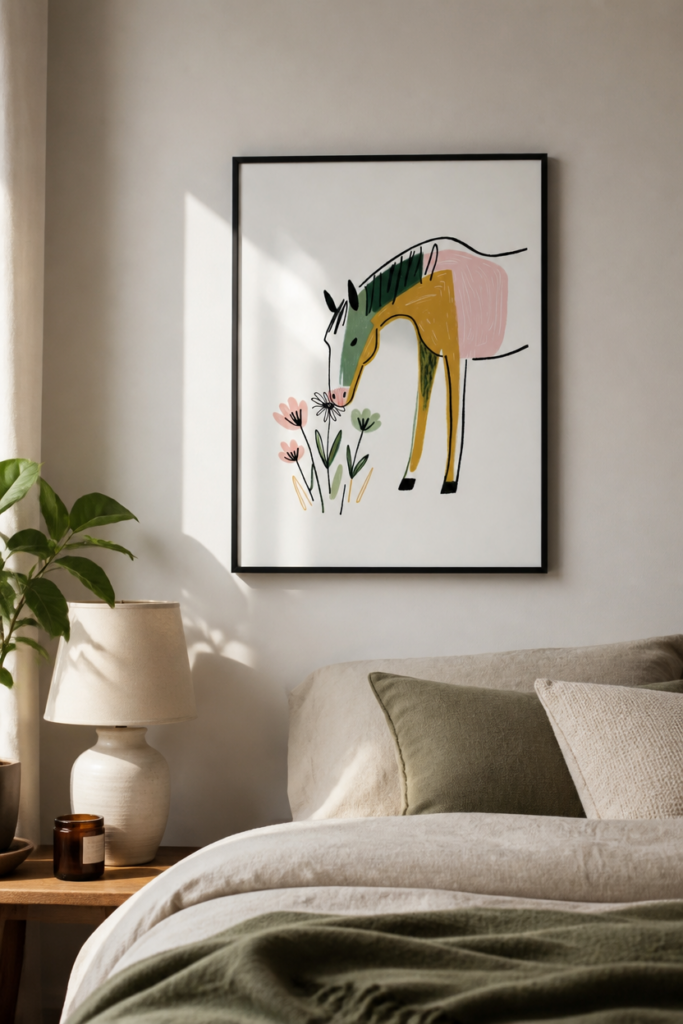 Whimsical Horse and Wildflowers Nursery Wall Art Print - Modern Children's Illustration Poster