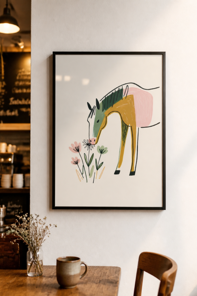 Whimsical Horse and Wildflowers Nursery Wall Art Print - Modern Children's Illustration Poster