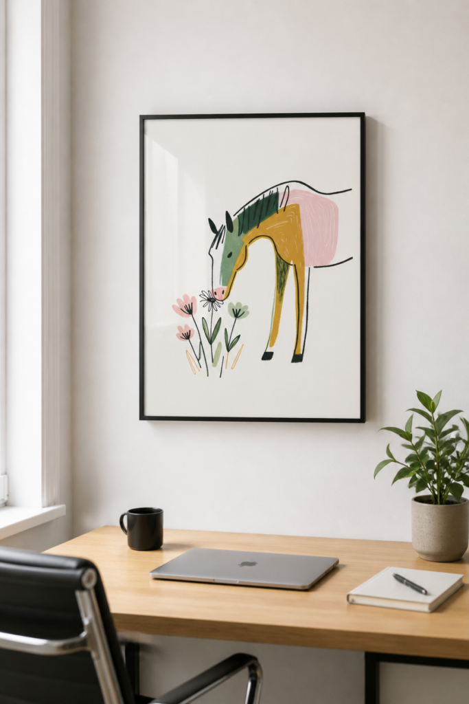 Whimsical Horse and Wildflowers Nursery Wall Art Print - Modern Children's Illustration Poster