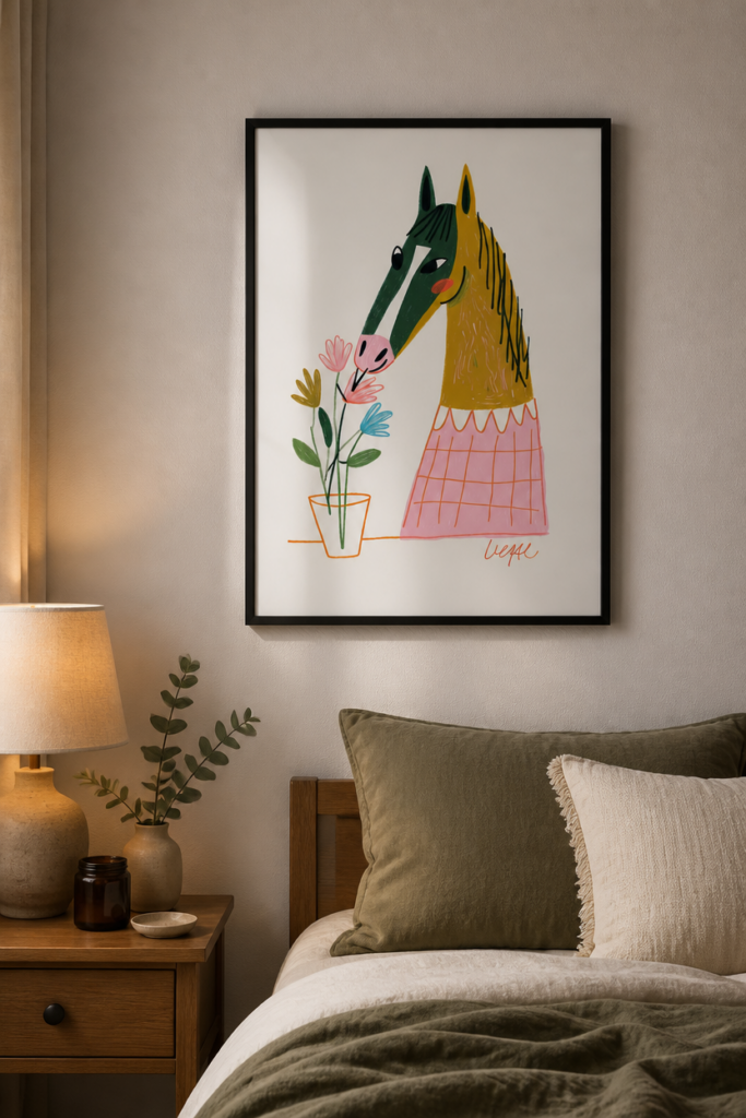 Whimsical Horse Smelling Flowers Illustration Wall Art Print