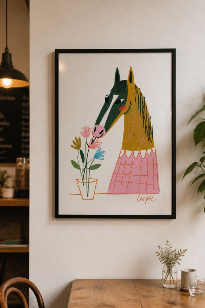 Whimsical Horse Smelling Flowers Illustration Wall Art Print