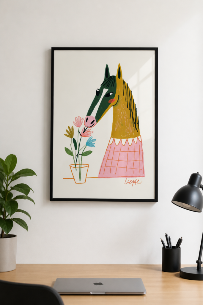Whimsical Horse Smelling Flowers Illustration Wall Art Print