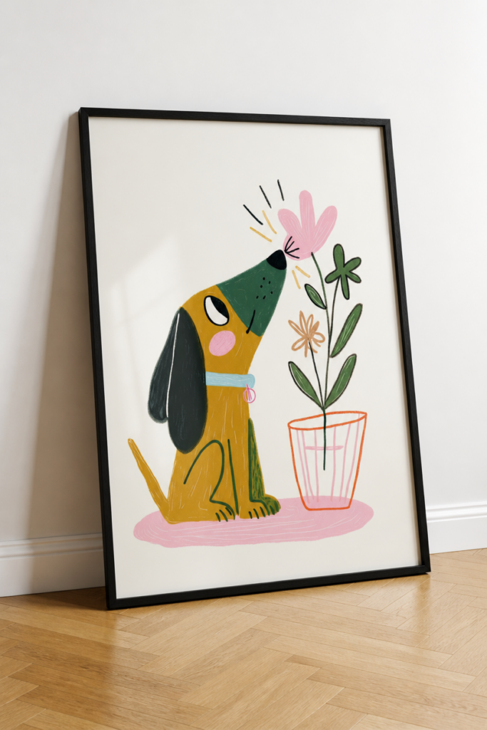 Cute Dog Smelling Flower Illustration Wall Art Print - Nursery Decor Poster