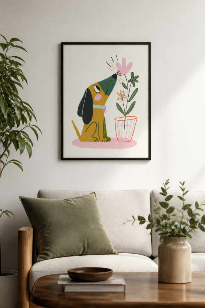 Cute Dog Smelling Flower Illustration Wall Art Print - Nursery Decor Poster