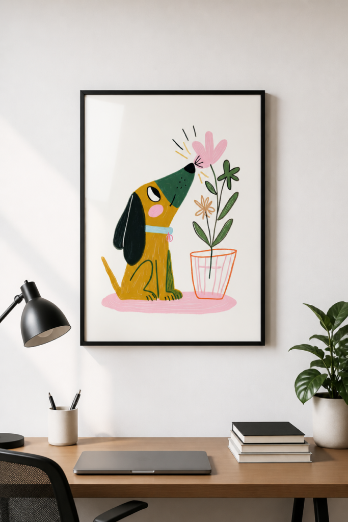 Cute Dog Smelling Flower Illustration Wall Art Print - Nursery Decor Poster