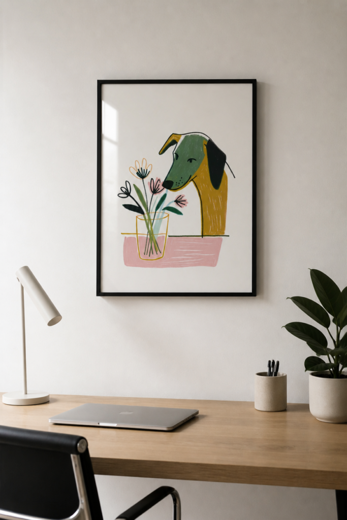 Dog Smelling Flowers Illustration Wall Art Print - Modern Scandinavian Poster