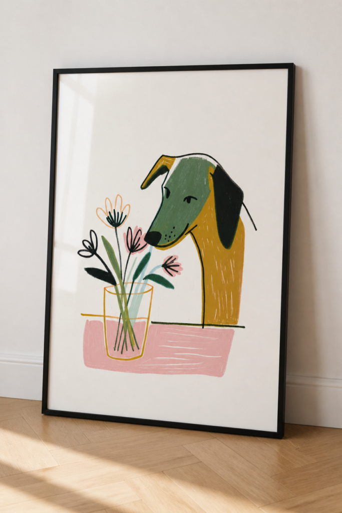 Dog Smelling Flowers Illustration Wall Art Print - Modern Scandinavian Poster