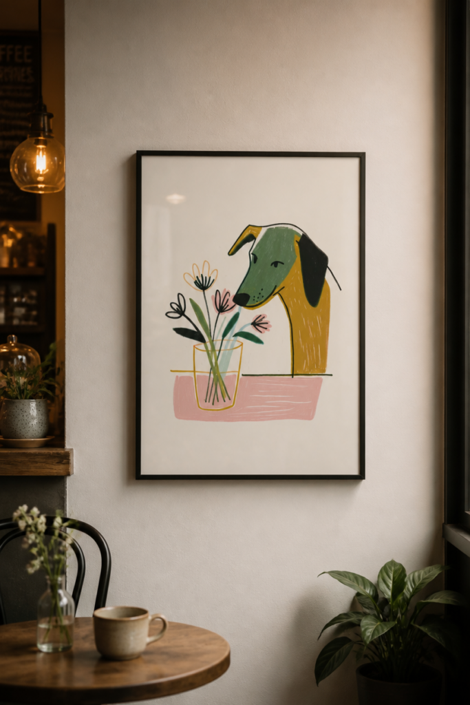 Dog Smelling Flowers Illustration Wall Art Print - Modern Scandinavian Poster