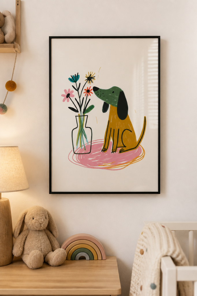 Cute Dog Smelling Flowers Illustration Wall Art Print - Whimsical Nursery Decor