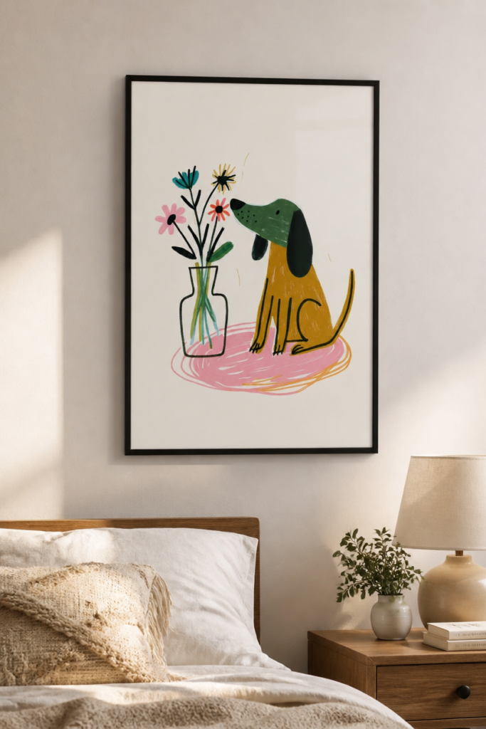 Cute Dog Smelling Flowers Illustration Wall Art Print - Whimsical Nursery Decor