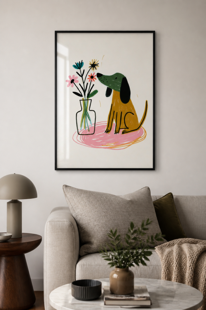 Cute Dog Smelling Flowers Illustration Wall Art Print - Whimsical Nursery Decor
