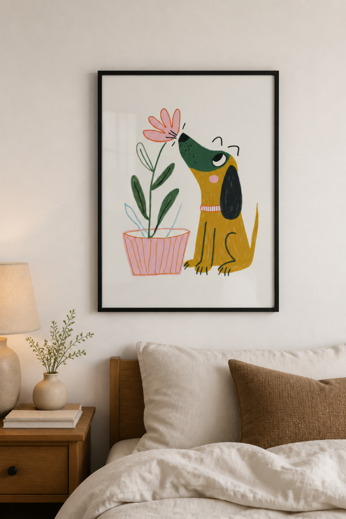 Cute Dog Sniffing Flower Illustration Wall Art Print - Whimsical Nursery Decor