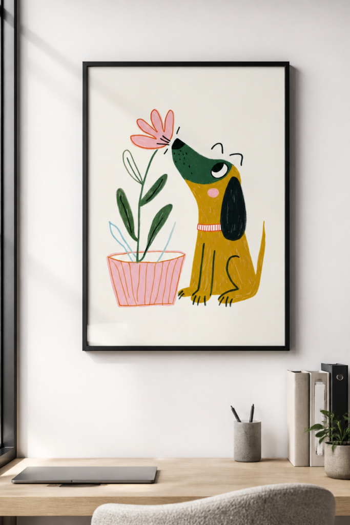 Cute Dog Sniffing Flower Illustration Wall Art Print - Whimsical Nursery Decor