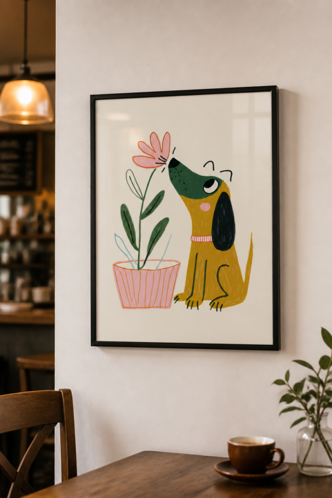 Cute Dog Sniffing Flower Illustration Wall Art Print - Whimsical Nursery Decor
