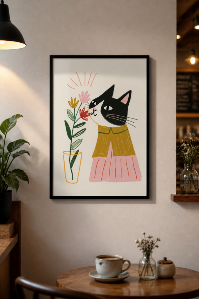 Black Cat Smelling Flowers Illustration Wall Art Print - Whimsical Cat Poster