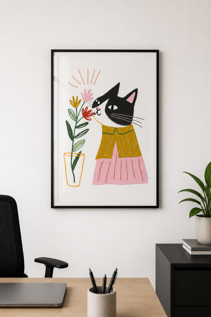 Black Cat Smelling Flowers Illustration Wall Art Print - Whimsical Cat Poster