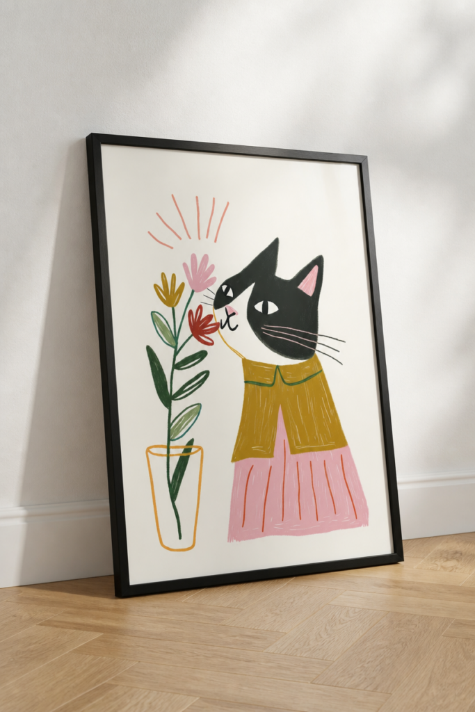 Black Cat Smelling Flowers Illustration Wall Art Print - Whimsical Cat Poster