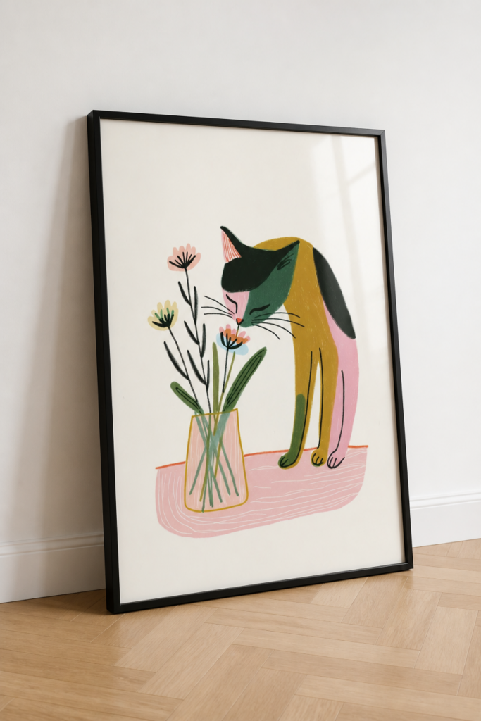 Cat Smelling Flowers Wall Art Print - Mid-Century Modern Illustration Poster