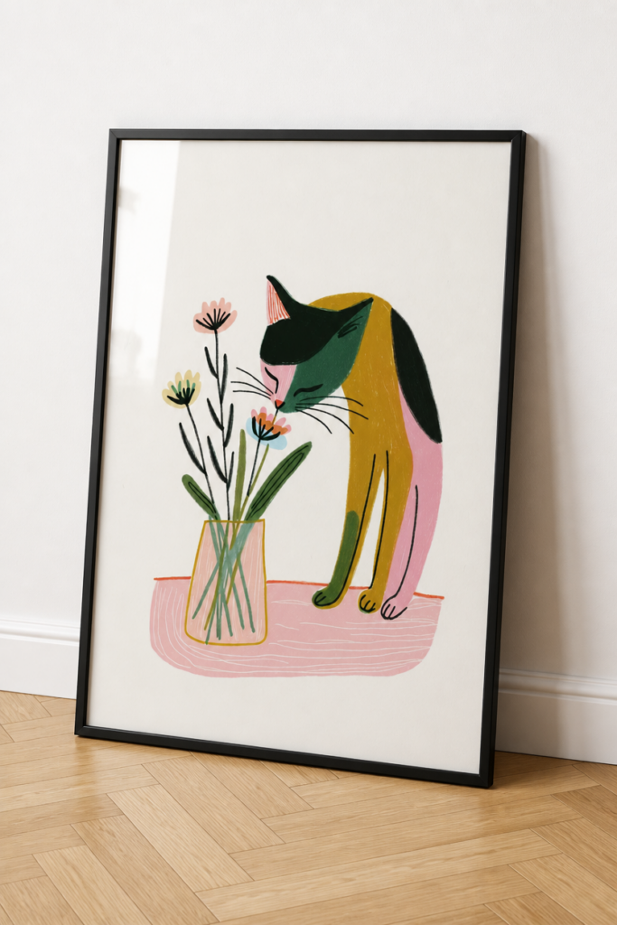Cat Smelling Flowers Wall Art Print - Mid-Century Modern Illustration Poster