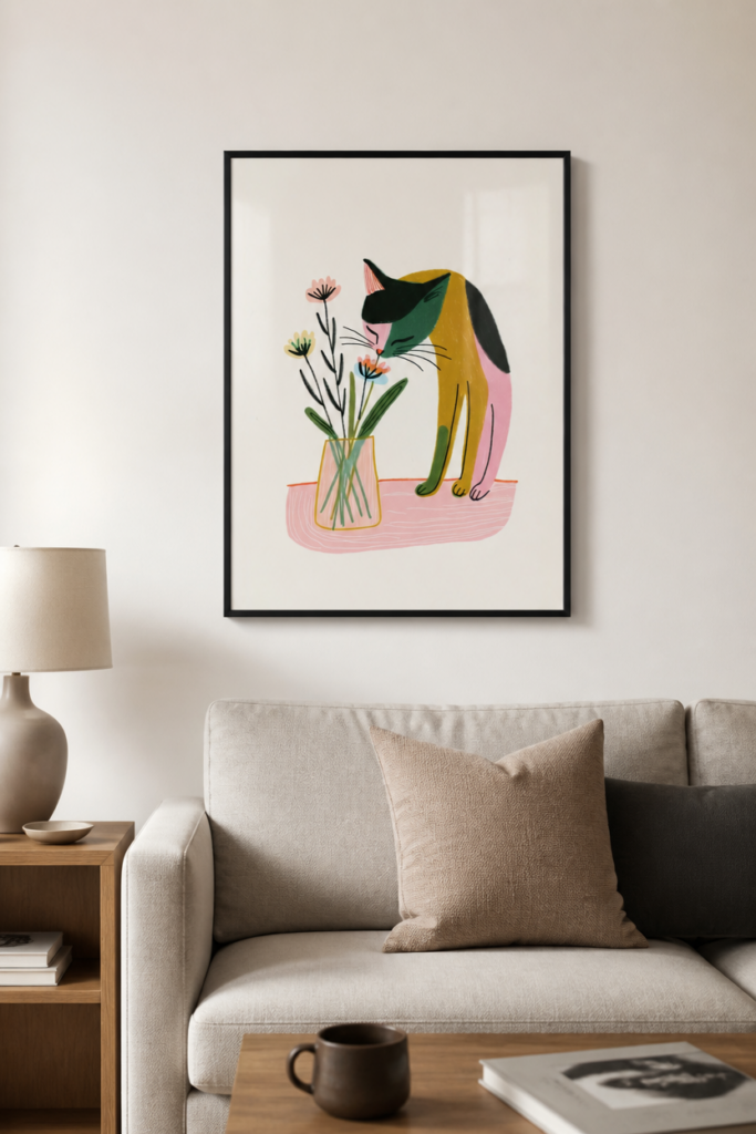 Cat Smelling Flowers Wall Art Print - Mid-Century Modern Illustration Poster