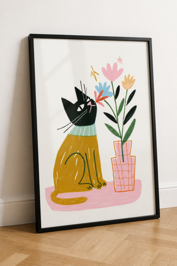 Black Cat Smelling Flowers Illustration Wall Art Print - Whimsical Cat Poster