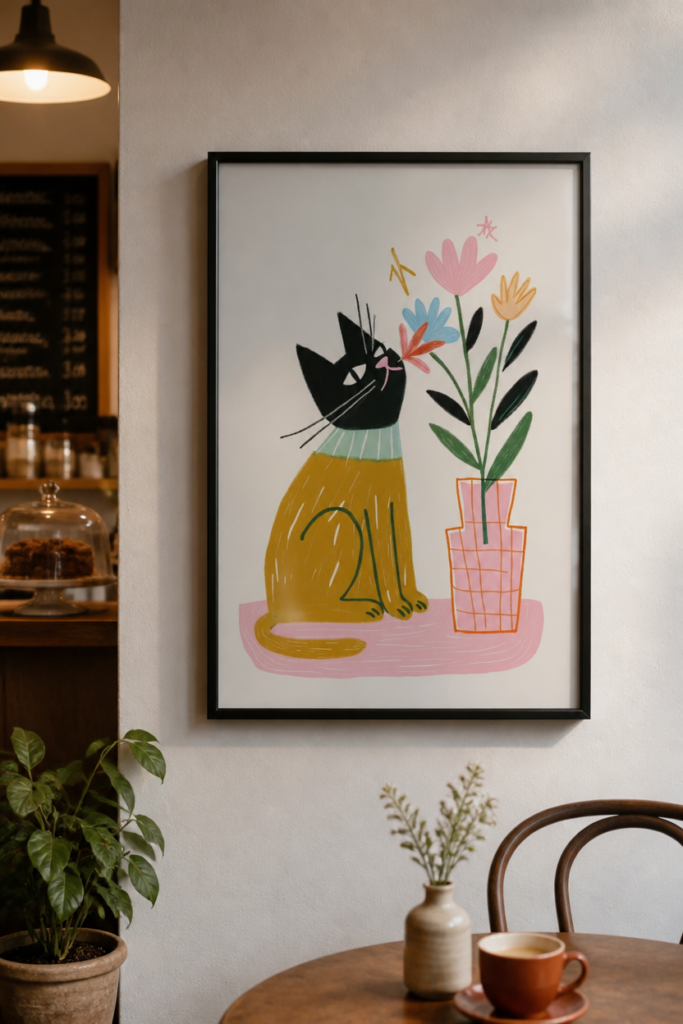 Black Cat Smelling Flowers Illustration Wall Art Print - Whimsical Cat Poster