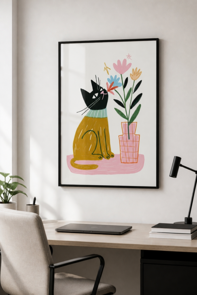 Black Cat Smelling Flowers Illustration Wall Art Print - Whimsical Cat Poster