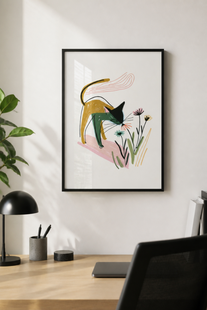 Cat Smelling Flowers Illustration Wall Art Print - Mid-Century Modern Style Poster