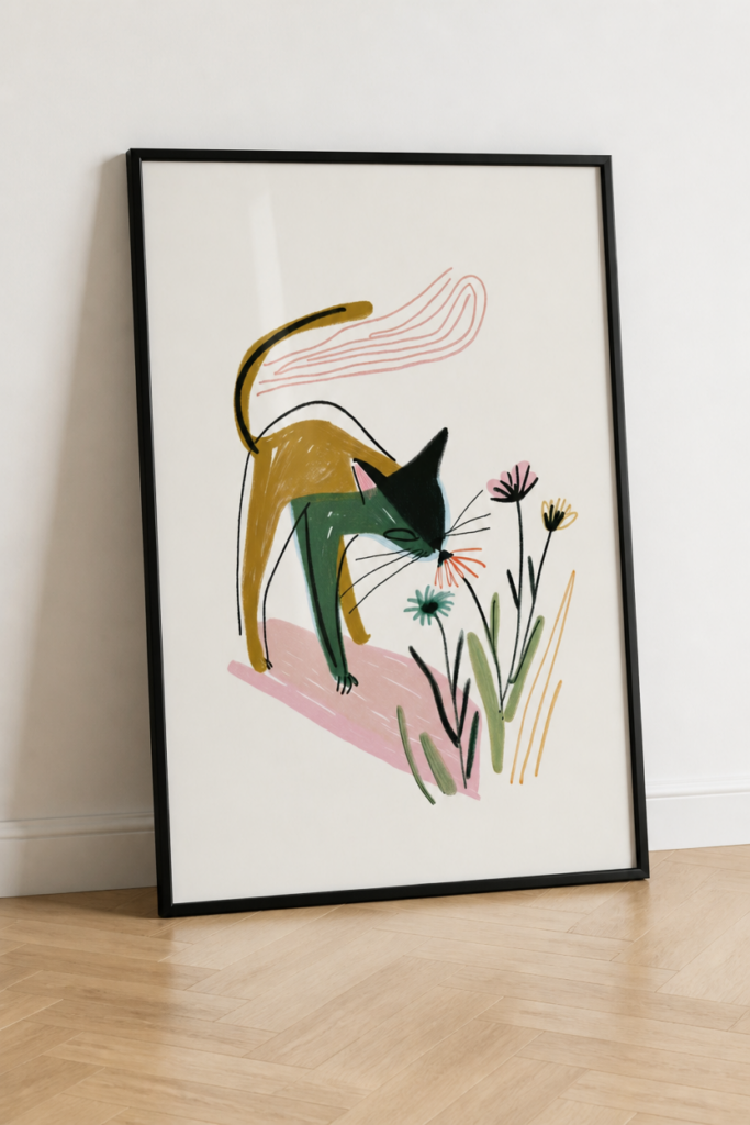 Cat Smelling Flowers Illustration Wall Art Print - Mid-Century Modern Style Poster