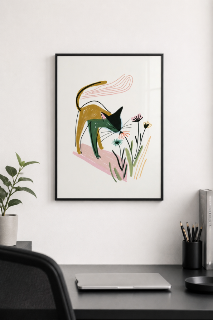 Cat Smelling Flowers Illustration Wall Art Print - Mid-Century Modern Style Poster