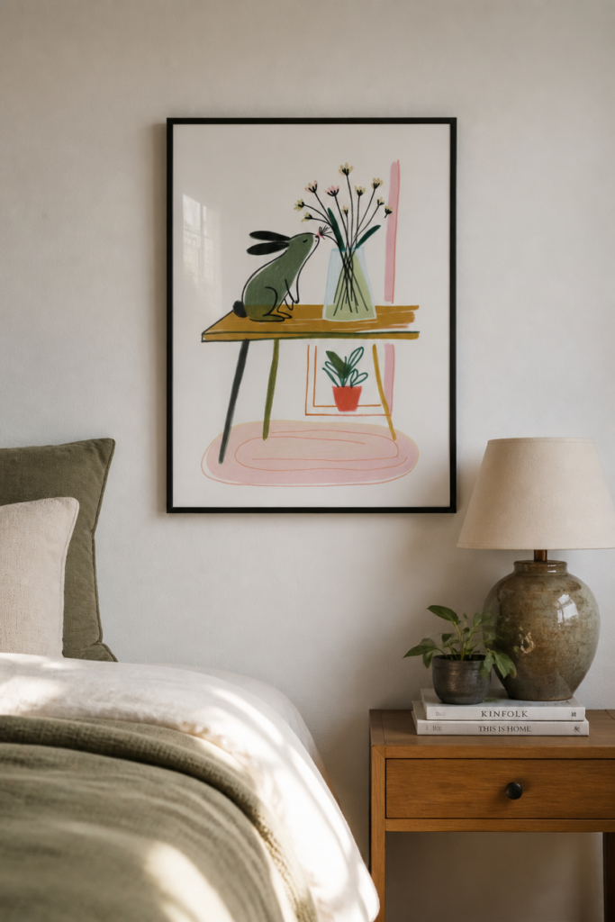 Bunny Smelling Flowers Illustration Wall Art Print - Whimsical Rabbit Nursery Decor