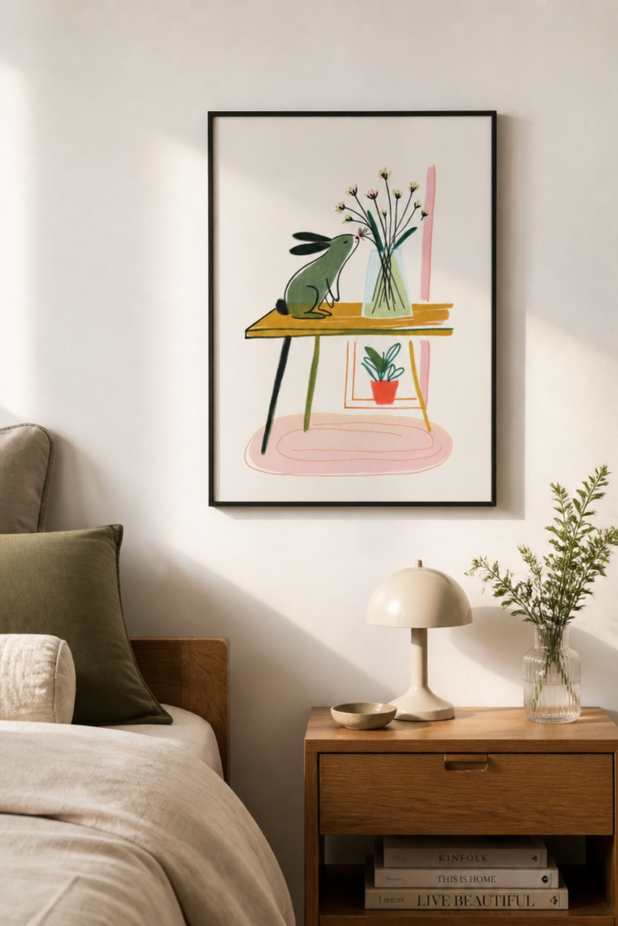 Bunny Smelling Flowers Illustration Wall Art Print - Whimsical Rabbit Nursery Decor